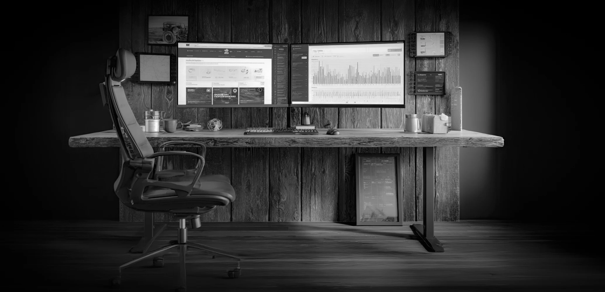 Escritorio de trabajo con monitores mostrando análisis SEO y proyectos web